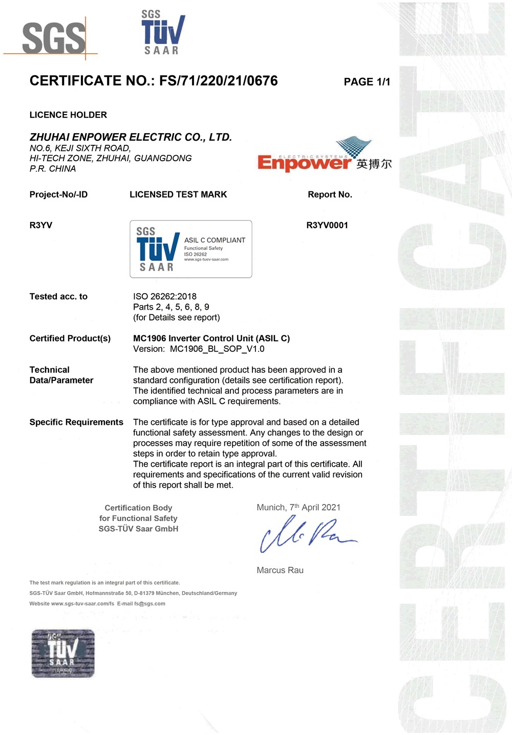 Motor Controller ISO 26262:2018 ASIL C Certified